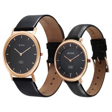 Titan Edge Pair Black Dial Analog Leather Strap watch for Couple