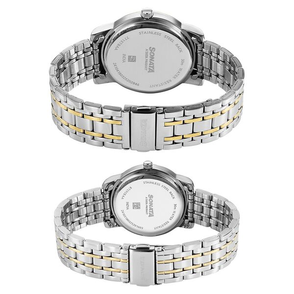 Sonata Perfect Pairs Quartz Analog Teal Dial Two Toned Metal Strap Watch For Couple - image number 3