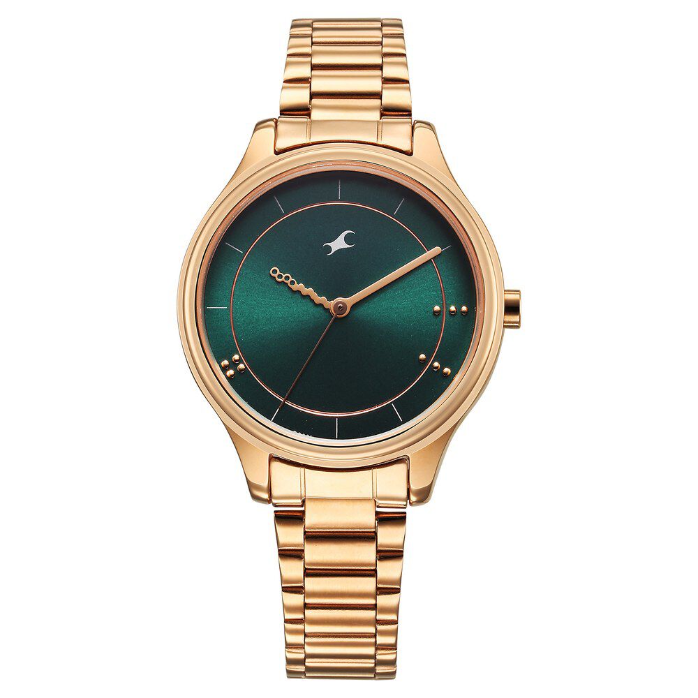 Buy Online Fastrack Stunners Quartz Analog Green Dial Rose Gold Metal Strap Watch For Girls 6296wm02 Titan