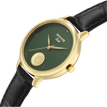 Sonata Gold Quartz Analog Sacred Forest Green With Gold Coin Dial Black Leather Strap Watch For Women