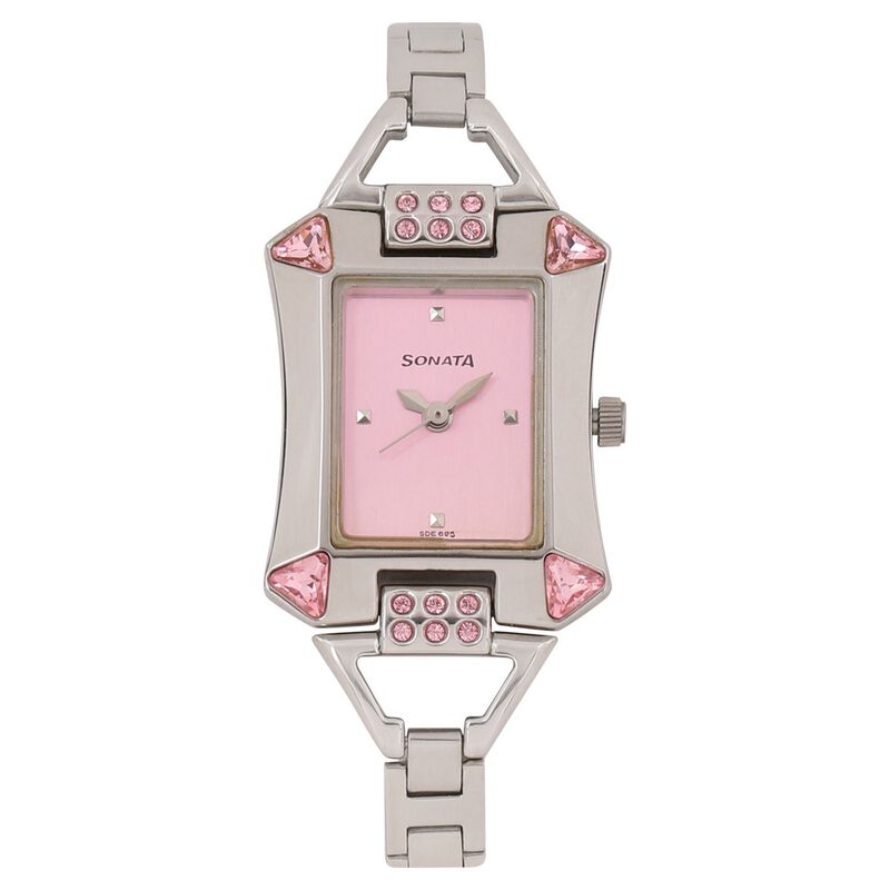 Sonata Quartz Analog Pink Dial Stainless Steel Strap Watch for Women