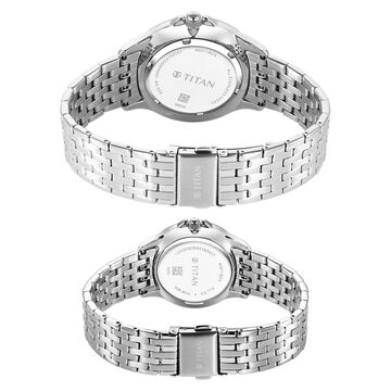 Titan Bandhan Quartz Analog with Date Blue Dial Silver Stainless Steel Strap Watch For Couple