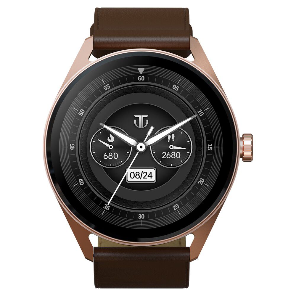 Titan Crest with 3.63 cm AMOLED Display with AOD, Functional Crown Smartwatch with Brown Leather Strap