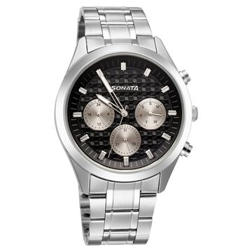 Sonata Multifunction Black Dial Silver Metal Strap Watch For Men