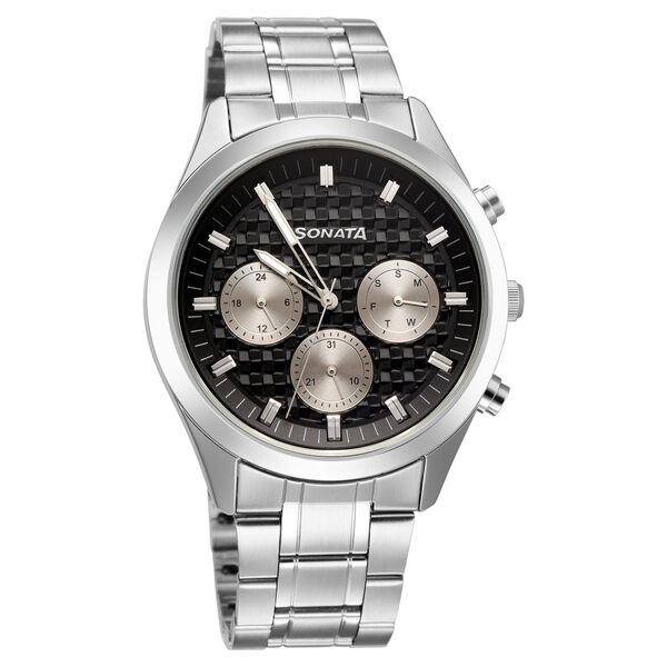 Sonata Multifunction Black Dial Silver Metal Strap Watch For Men - image number 1