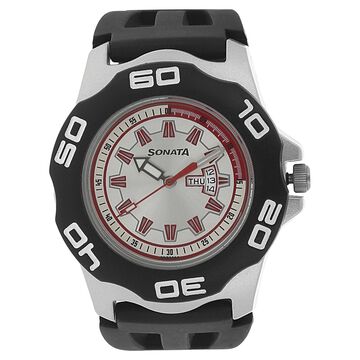 SF Quartz Analog with Day and Date Silver Dial Plastic Strap Watch for Men