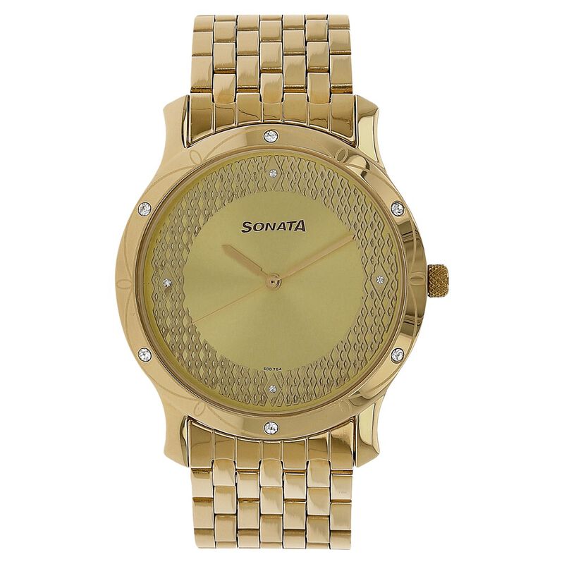 Sonata Quartz Analog Champagne Dial Stainless Steel Strap Watch for Men