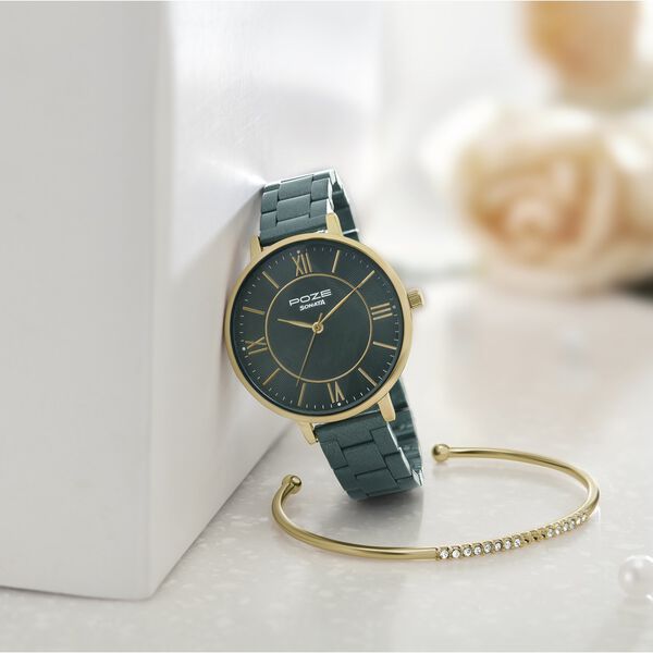 Sonata Poze Quartz Analog Green Dial Stainless Steel Strap Watch For Women - image number 0