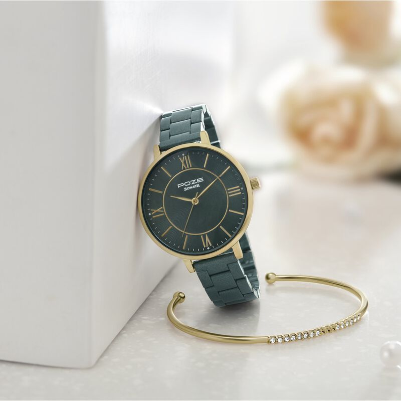 Sonata Poze Quartz Analog Green Dial Stainless Steel Strap Watch For Women