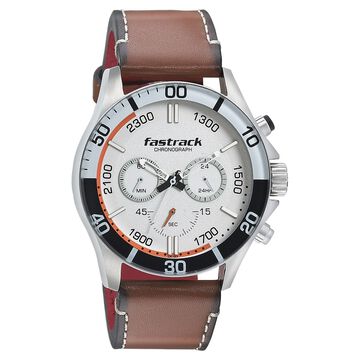 Fastrack Hitlist Quartz Chronograph White Dial Leather Strap Watch for Guys