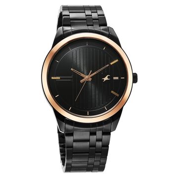 Fastrack Stunners Quartz Analog Black Dial Black Stainless Steel Strap Watch For Guys