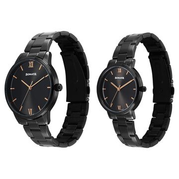 Sonata Perfect Pairs Quartz Analog Black Dial Black Metal Strap Watch For Couple