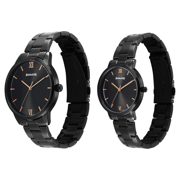 Sonata Perfect Pairs Quartz Analog Black Dial Black Metal Strap Watch For Couple - image number 1