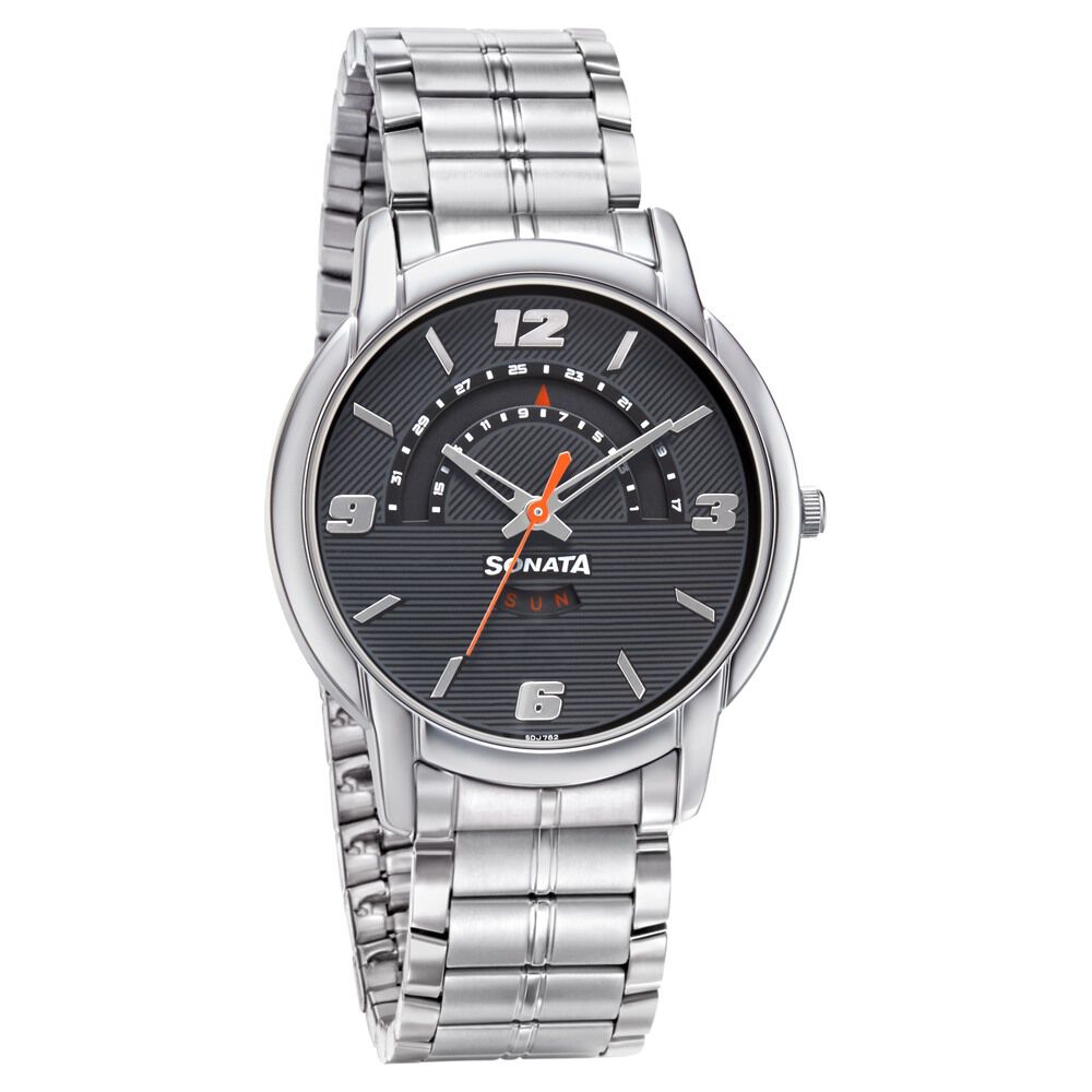 Buy Online Sonata RPM Quartz Analog Grey Dial Metal Strap Watch