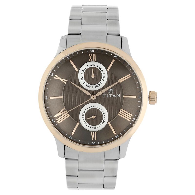 Titan Quartz Multifunction Brown Dial Stainless Steel Strap Watch for Men