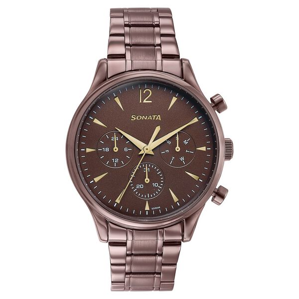Sonata Wedding Edit Quartz Multifunction Brown Dial Stainless Steel Strap Watch For Men - image number 0
