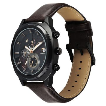 Fastrack Kronos Guys Chronograph Watch With Date Black Dial & Brown Leather Strap
