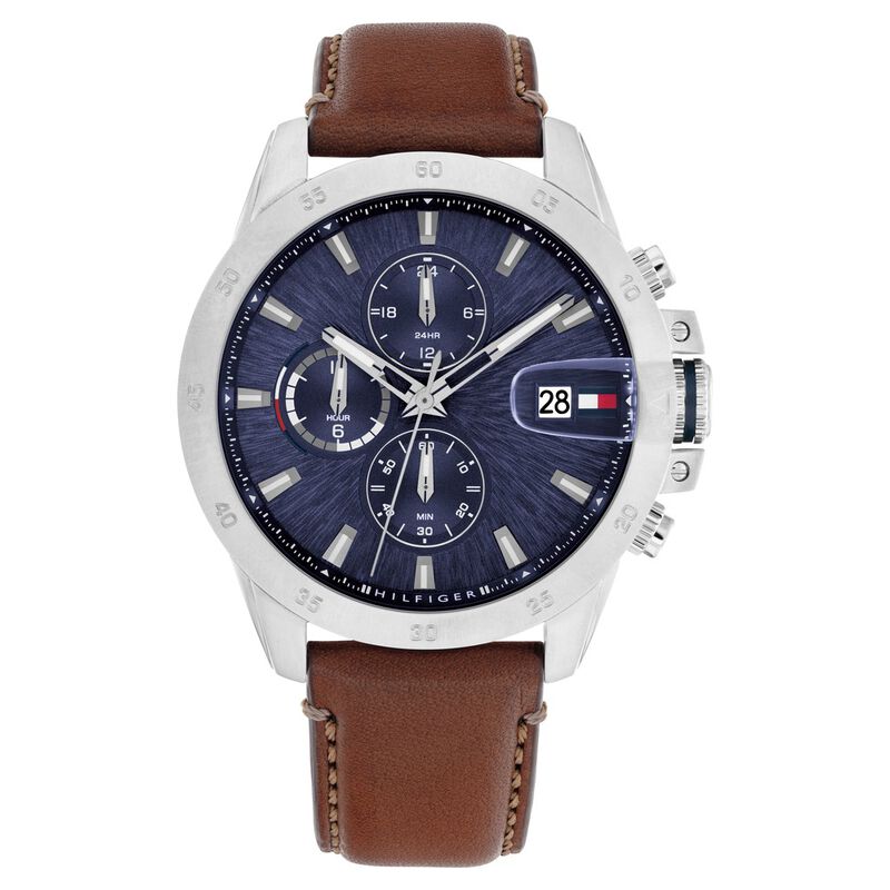 Tommy Hilfiger Quartz Multifunction Blue Dial Brown Leather Strap Watch For Men