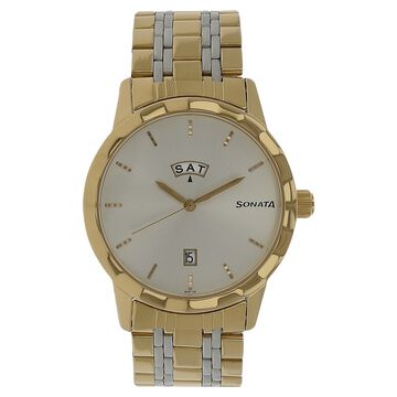Sonata Quartz Analog with Day and Date Silver Dial Stainless Steel Strap Watch for Men