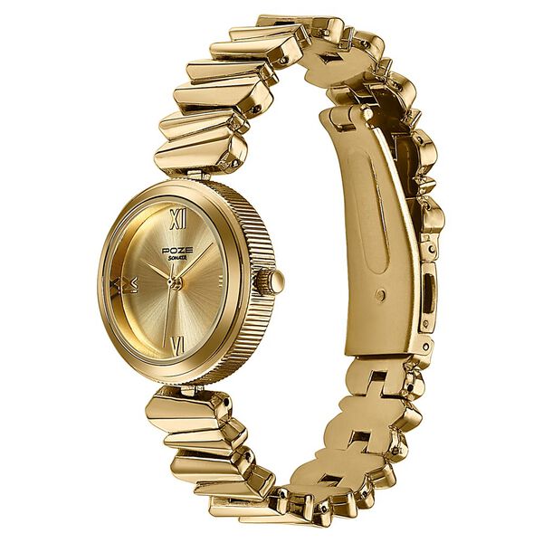 Poze By Sonata Quartz Analog Golden Dial Golden Metal Strap Watch For Women - image number 4