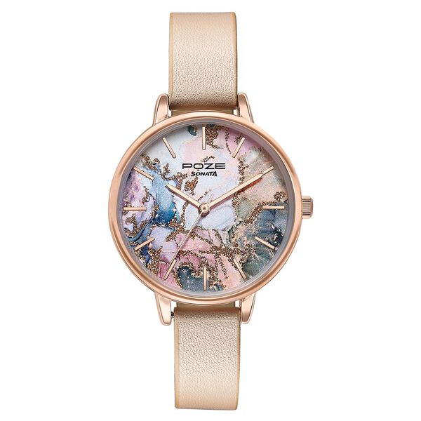 Sonata Poze Quartz Analog Multicoloured Dial Cream Colour Leather Strap Watch For Women - image number 2