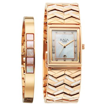 Titan Raga Power Pearls 2.0 Quartz Analog Mother Of Pearl Dial Rose Gold Metal Strap Watch For Women