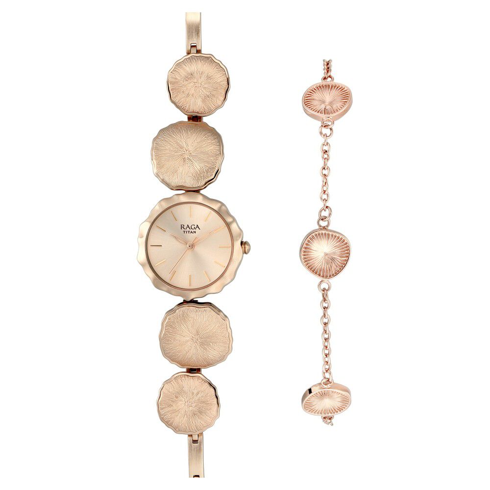Buy Online Titan Raga I Am Rose Gold Dial Analog Metal Strap watch for Women 95096wm01f Titan