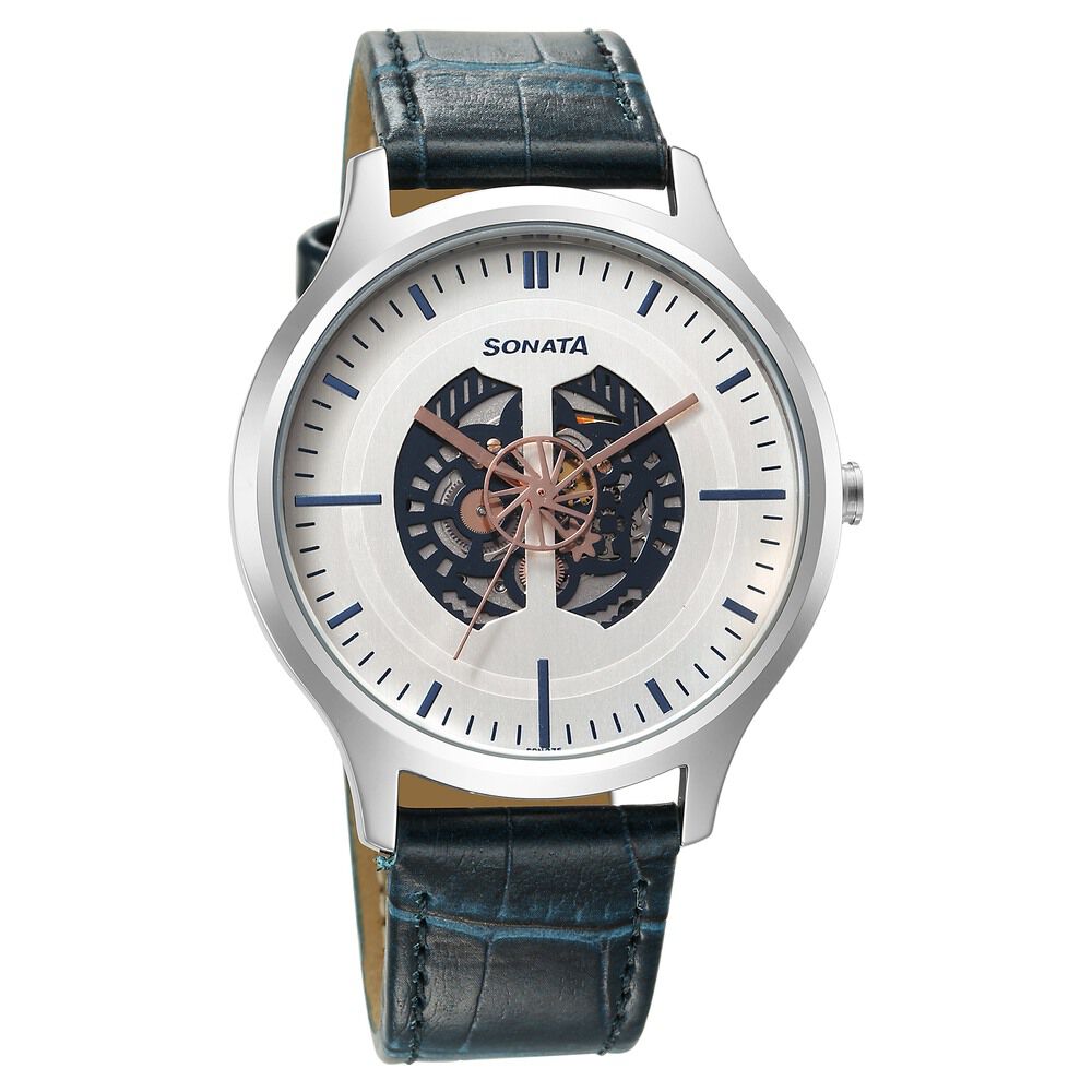 Buy Online Sonata Unveil Quartz Multifunction Silver Dial Leather Strap Watch for Men 7140sl06 p Titan