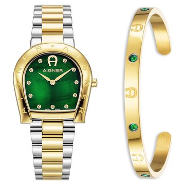 Aigner Ravenna DUE Set Quartz Analog Green Mother Of Pearl Dial Golden Stainless Steel Strap Watch For Women