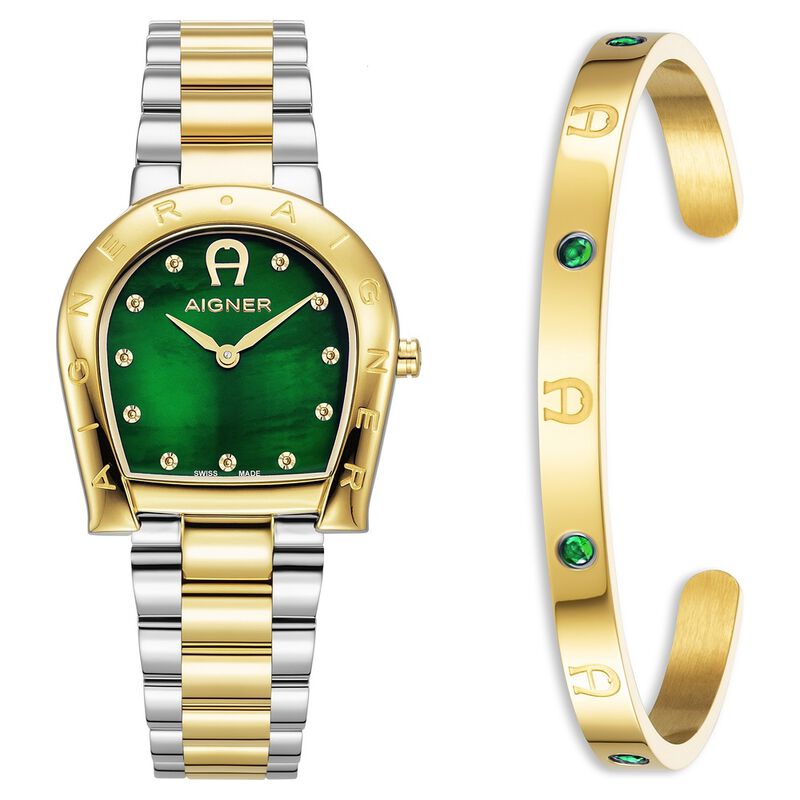 Aigner Ravenna DUE Set Quartz Analog Green Mother Of Pearl Dial Golden Stainless Steel Strap Watch For Women