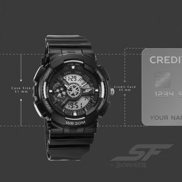 Sonata SF Spectra Quartz Digital Black Dial Translucent Black PU Strap Watch For Men