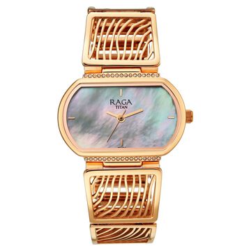Titan Raga Ethereal Quartz Analog Mother of Pearl Dial Rose Gold Metal Strap Watch For Women