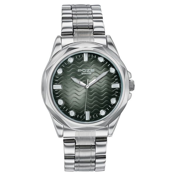 Poze By Sonata Quartz Analog Green Dial Silver Metal Strap Watch For Men - image number 1