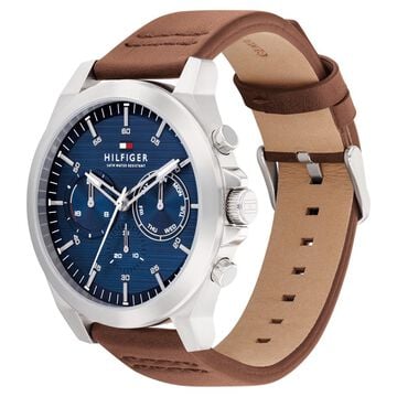 Tommy Hilfiger Multifunction Blue Round Dial Brown Leather Strap Watch For Men