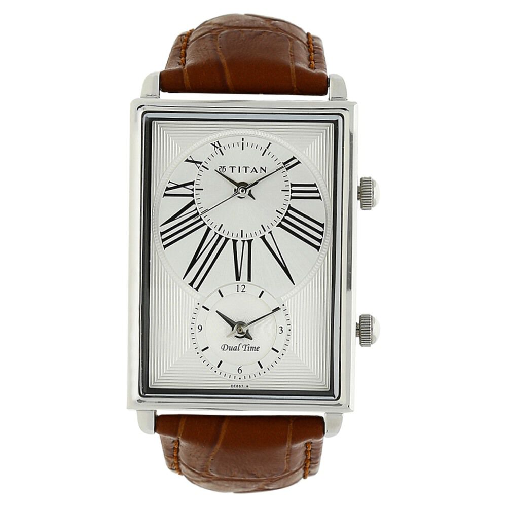 Buy Online Titan Globe Trotter Silver Dial Dual Time Leather Strap watch for Men 1708sl01 p Titan