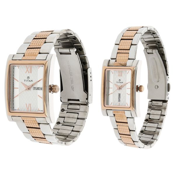 Titan Quartz Analog with Day and Date Silver Dial Stainless Steel Strap Watch for Couple - image number 1