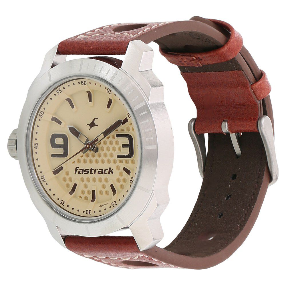 Fastrack Loopholes Quartz Analog Champagne Dial Leather Strap Watch for Guys