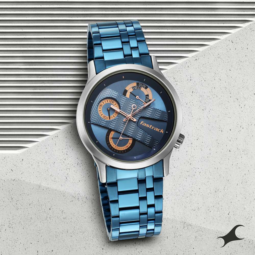 Buy Online Fastrack Exuberant Quartz Analog Blue Dial Metal Strap Watch for Guys 3281km02 Titan