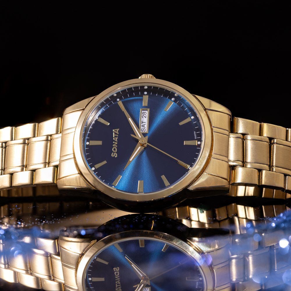 Sonata Quartz Analog with Day and Date Blue Dial Golden Stainless Steel Strap Watch For Men-picture-36