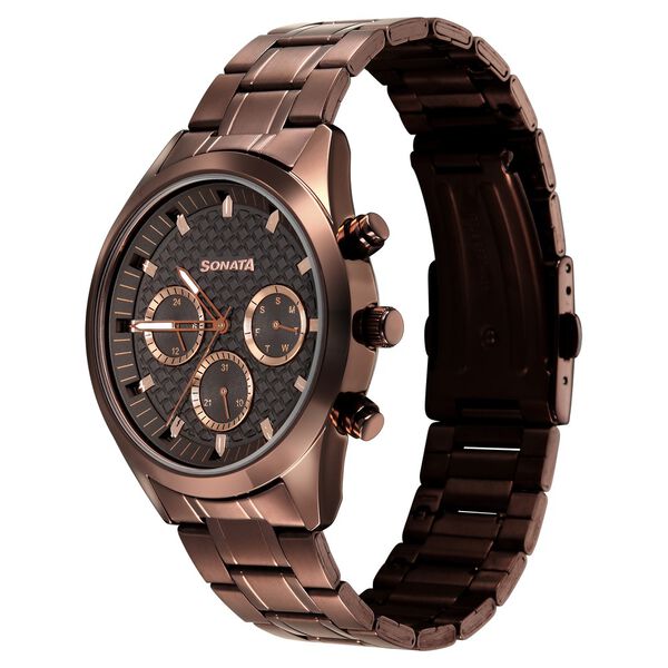 Sonata Multifunction Brown Dial Brown Metal Strap Watch For Men - image number 2