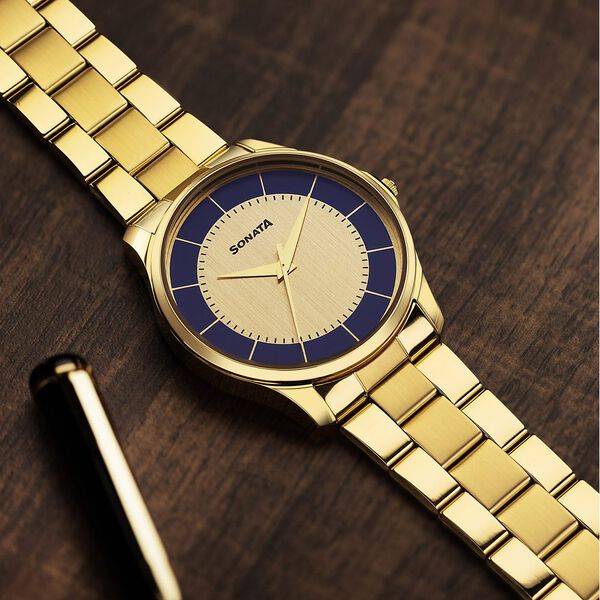 Sonata Traditional Essentials Quartz Analog Multicoloured Dial Golden Metal Strap Watch For Men - image number 0