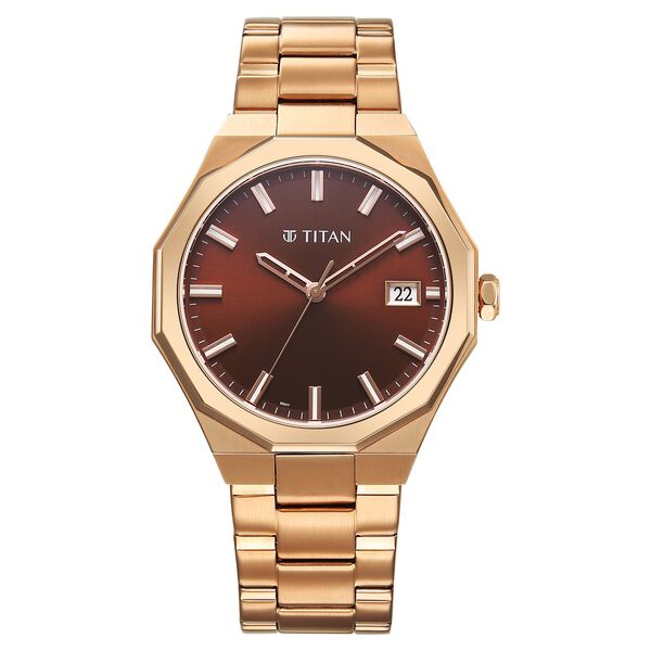 Titan Regalia Dodecagon Quartz Analog with Date Brown Dial Rose Gold Stainless Steel Strap Watch For Men - image number 1