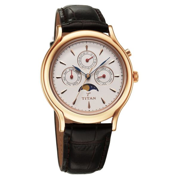 Titan 40 years Quartz Multifunction with Moon Phase White Dial Brown Leather Strap Watch For Men - image number 1