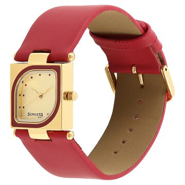 Sonata Quartz Analog Champagne Dial Red Leather Strap Watch For Women