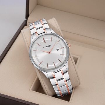 Titan Classique Slimline Silver Dial Analog with Date Stainless Steel Strap watch for Men