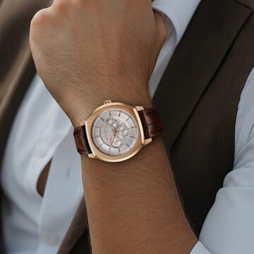 Titan Regalia Arc Analog with Day Date Second Subdial and Silver Dial Brown Leather Strap Watch for Men