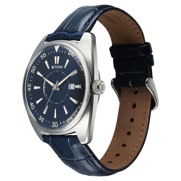 Titan Tonneau Analog with Date and Blue Dial Blue Leather Strap Watch for Men - image number 4