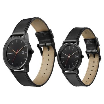 Sonata Quartz Analog with Date Black Dial Leather Strap Watch for Couple