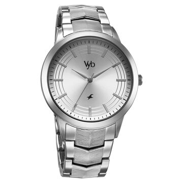 Fastrack Vyb Atlas Quartz Analog Silver Dial Silver Metal Strap Watch For Guys