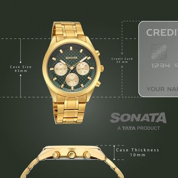 Sonata Multifunction Green Dial Golden Metal Strap Watch For Men